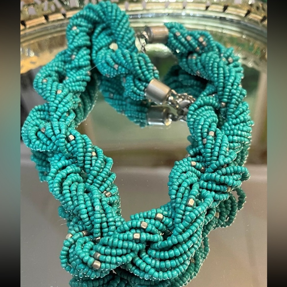 Vintage Turquoise Rope Twist Seed Bead Necklace Handwoven Statement Collar Retro